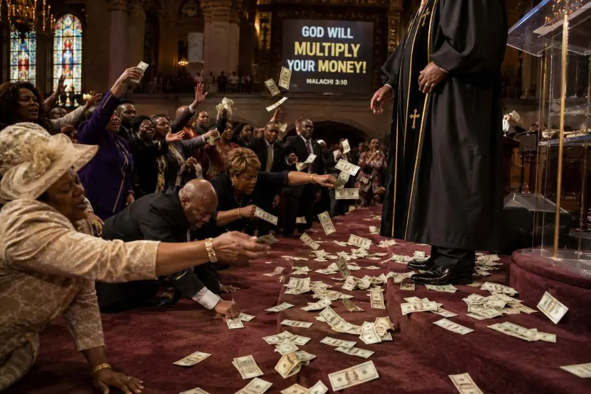 church members throwing money at a preacher's feet
