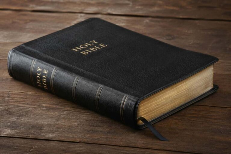 Leather bound Bible on wood table